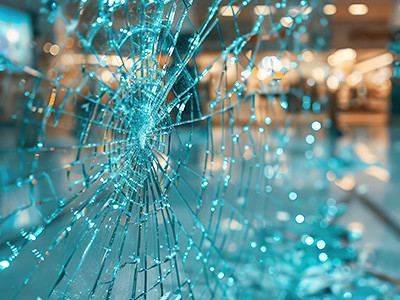 Écran en verre brisé couleur turquoise semblable à une toile d'araignée.